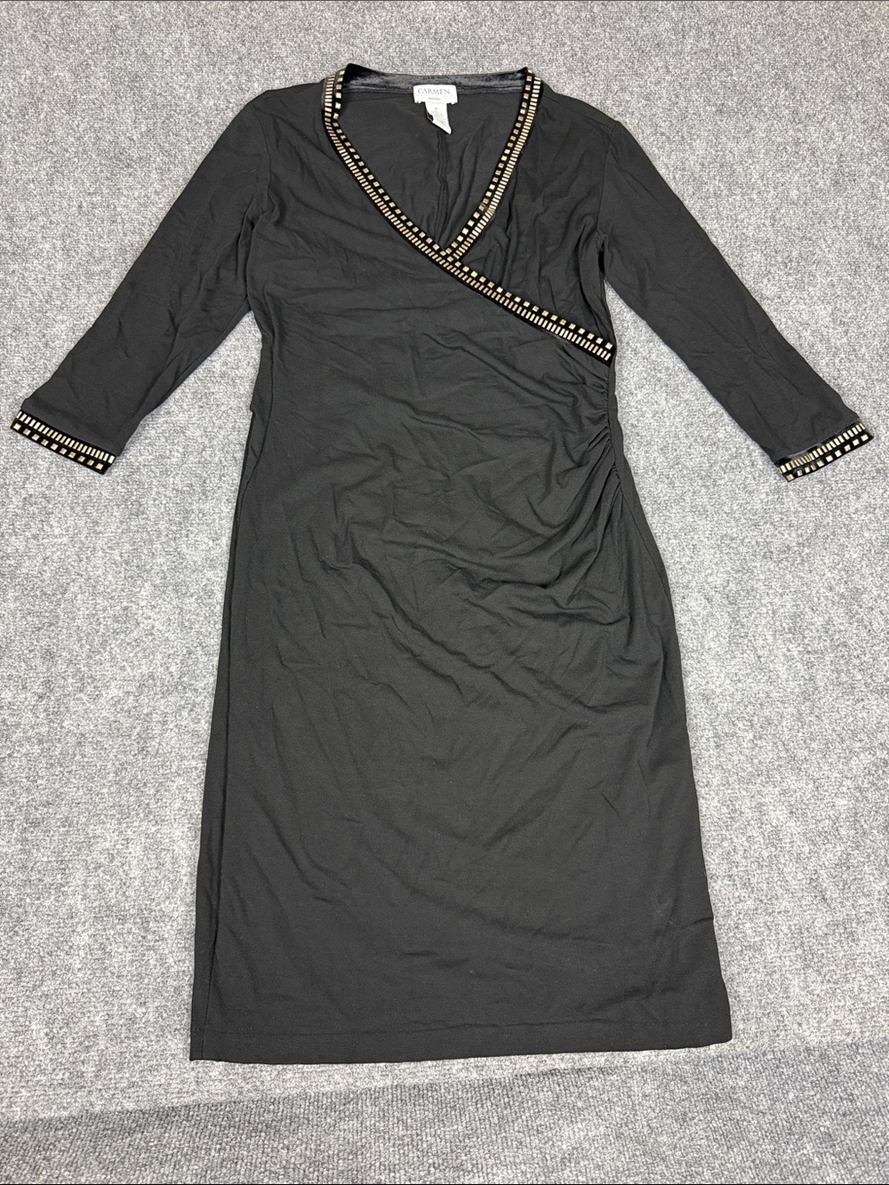 Carmen Marc Valvo Black Midi Wrap Dress with Gold Stud Trim